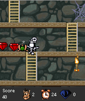 Hugo: Black Diamond Fever 2 (J2ME) screenshot: Hugo has been killed by the skeletons - they can use the ladders as well.