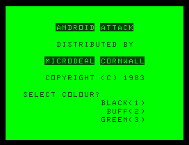 Android Attack (Dragon 32/64) screenshot: Title screen with colour selection