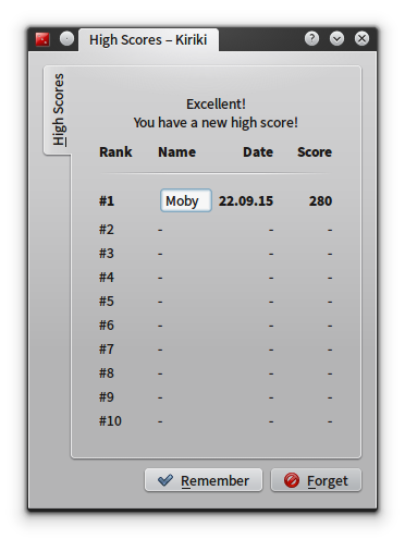 Kiriki (Linux) screenshot: The high-score table is initially empty