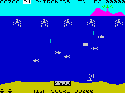 Jawz (ZX Spectrum) screenshot: The Atlantic Portuguese man o' war (Physalia physalis) are firing poisonous darts and one fish was already shot.