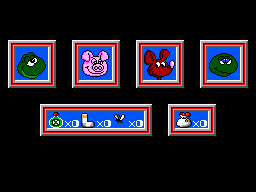 Sapo Xulé vs. Os Invasores do Brejo (SEGA Master System) screenshot: This is the pause screen. Here you can choose which character you'll play. You can also choose items to use, such as the "switch" potion or the invincibility fly.