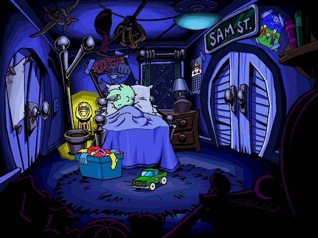 Pajama Sam's SockWorks (Windows) screenshot: Intro: Sam starts dreaming about a machine that will automatically put put away socks for you...a Sock-O-Matic...