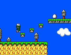 Sapo Xulé vs. Os Invasores do Brejo (SEGA Master System) screenshot: If Sapo Xulé stands really close to a platform edge, he'll start running on air to get back on top of it.