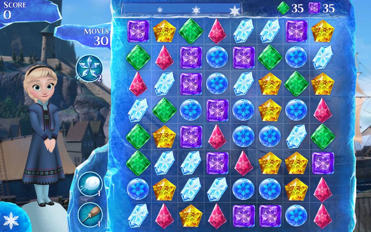 Frozen: Free Fall (Android) screenshot: In this level you need to remove a specific amount of green and purple crystals.
