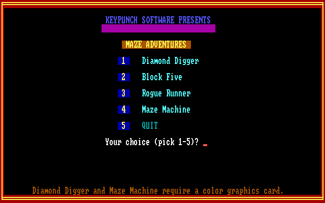 Maze Adventures (DOS) screenshot: Main menu