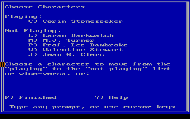 Star Saga: One - Beyond the Boundary (DOS) screenshot: Choosing a character