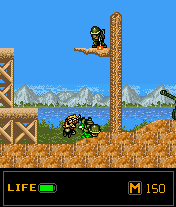 Metal Slug: Mobile (J2ME) screenshot: Dead soldiers leave behind bonus items.