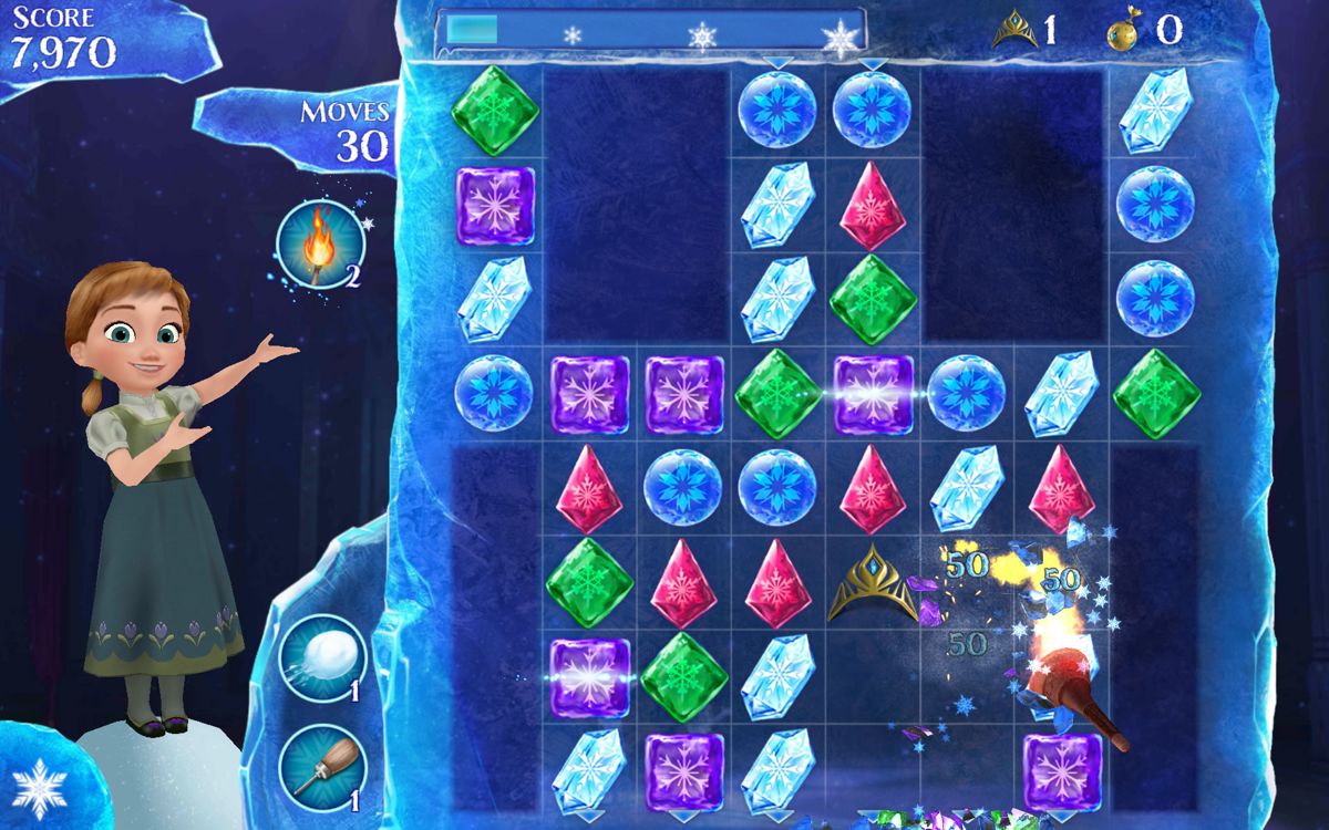 Frozen: Free Fall (Android) screenshot: Anna provides a torch to remove crystals.