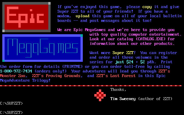 Super ZZT (DOS) screenshot: Nag screen.