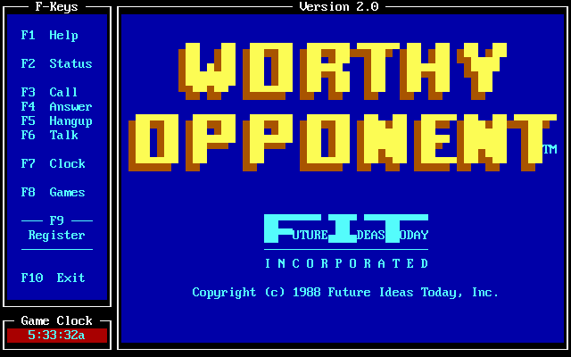 Worthy Opponent (DOS) screenshot: Start screen