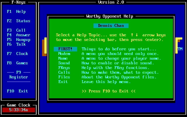Worthy Opponent (DOS) screenshot: In-game help system