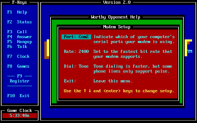 Worthy Opponent (DOS) screenshot: Terminal setup