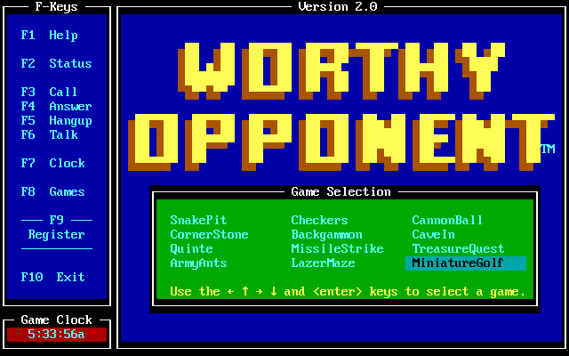 Worthy Opponent (DOS) screenshot: Game selection