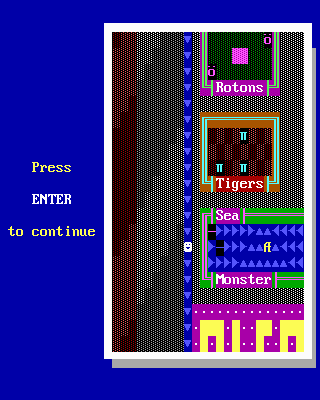 Super ZZT (DOS) screenshot: Also acting as a legend of sorts, to decode their NetHackian symbol-analogues