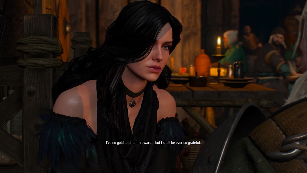 The Witcher 3: Wild Hunt - Alternative Look for Yennefer (PlayStation 4) screenshot: Yennefer asking Geralt for help