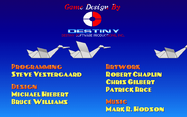 Origamo (DOS) screenshot: Credits with flying paper swans...