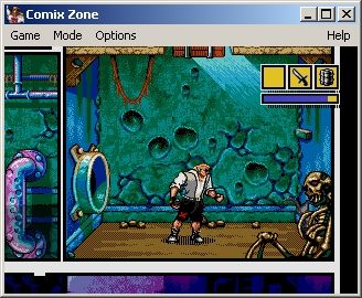 Comix Zone (Windows) screenshot: Turner can use Roadkill to find secret items.