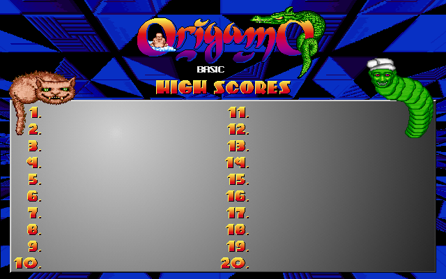 Origamo (DOS) screenshot: Highscores are blank at the beginning...
