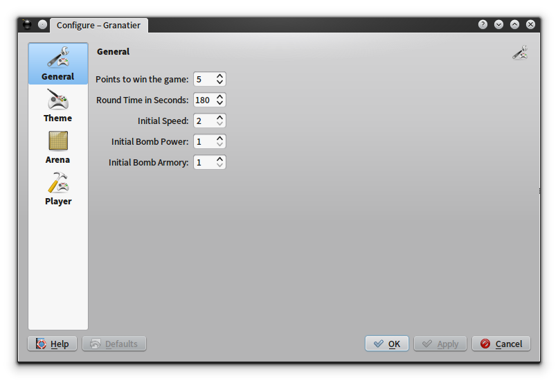 Granatier (Linux) screenshot: Game options. You can increase the amount of bombs and speed the players initially have