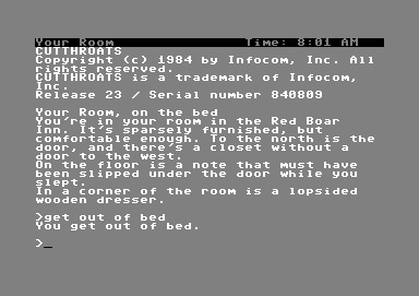 Cutthroats (Commodore 64) screenshot: You're in your room in the Red Boar Inn.