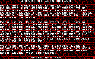 Duke Nukum: Episode 1 - Shrapnel City (DOS) screenshot: Some instructions