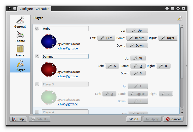 Granatier (Linux) screenshot: Player setup: chose the amount of players, their control (keyboard only) and names