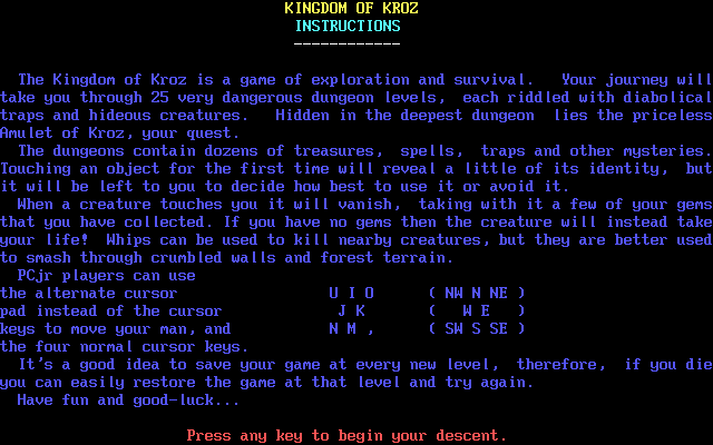 Kingdom of Kroz (DOS) screenshot: Instructions