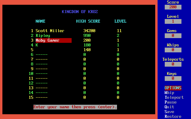 Kingdom of Kroz (DOS) screenshot: High score table