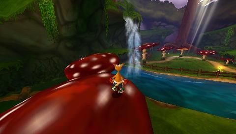 Kao Challengers (PSP) screenshot: View on waterfall from giant fungi’s