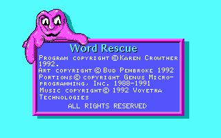 Word Rescue (DOS) screenshot: Title screen, presented by a slimed Gruzzle