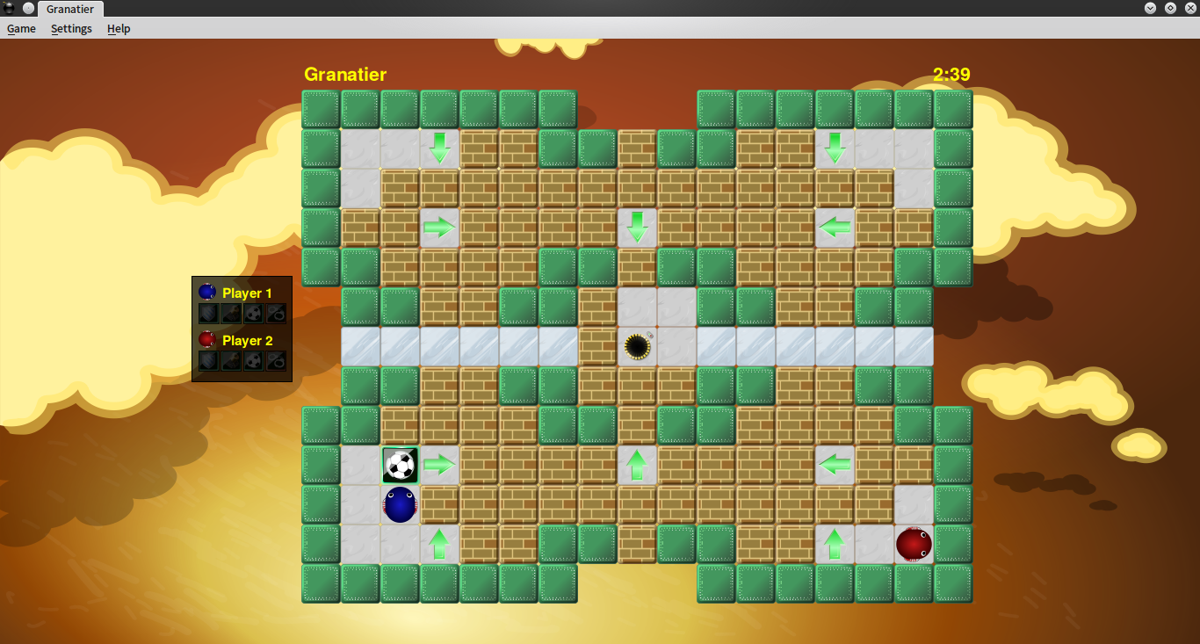 Granatier (Linux) screenshot: Found a bonus item which allows kicking of bombs (by running on them). Nice!
