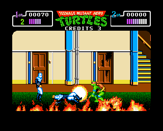 Teenage Mutant Ninja Turtles (Amiga) screenshot: One of them has been killed by Michaelangelo