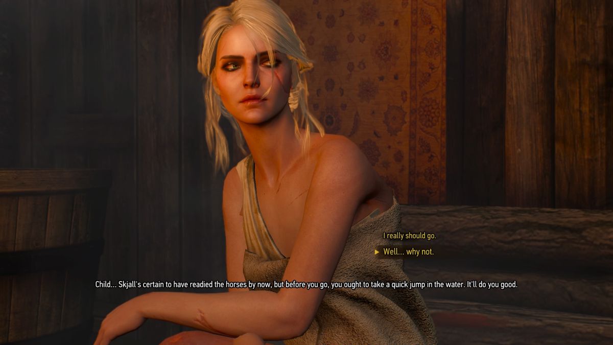 The Witcher 3: Wild Hunt (PlayStation 4) screenshot: Ciri in a spa