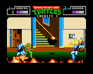 Teenage Mutant Ninja Turtles (Amiga) screenshot: Watch out for the bowling ball