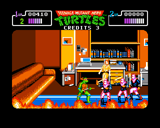 Teenage Mutant Ninja Turtles (Amiga) screenshot: April is trapped in an office engulfed with fire