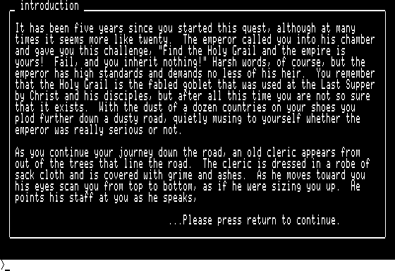 The Holy Grail (Apple II) screenshot: Introduction text