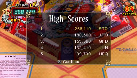 Pinball Hall of Fame: The Gottlieb Collection (PSP) screenshot: Table high score. Each table has its own high scores.