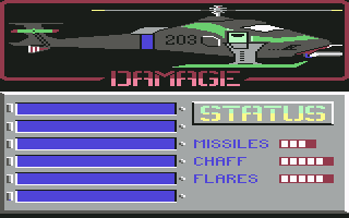 Infiltrator (Commodore 64) screenshot: Damage and weapons status report.