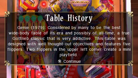 Pinball Hall of Fame: The Gottlieb Collection (PSP) screenshot: Table history screen
