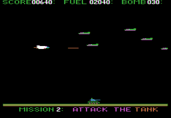 Star Blazer (Apple II) screenshot: Mind fighter planes as you attack the tank.
