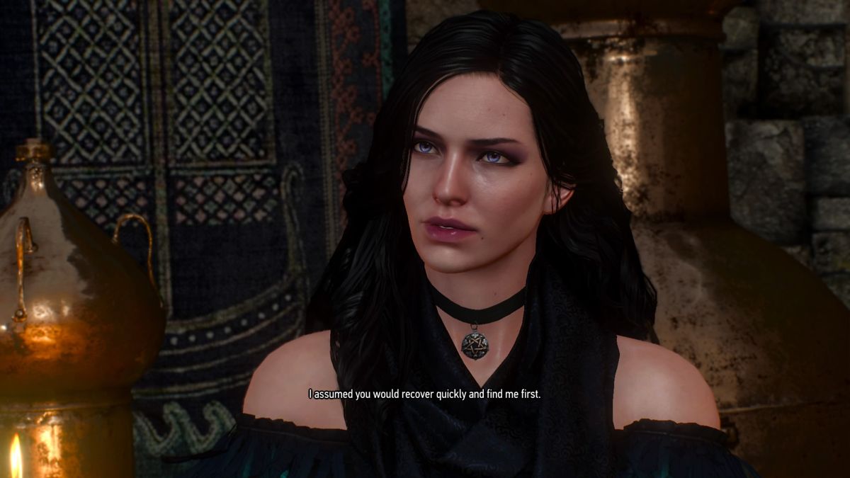 The Witcher 3: Wild Hunt - Alternative Look for Yennefer (PlayStation 4) screenshot: Discussing events after escaping the clutches of the Wild Hunt and losing memories