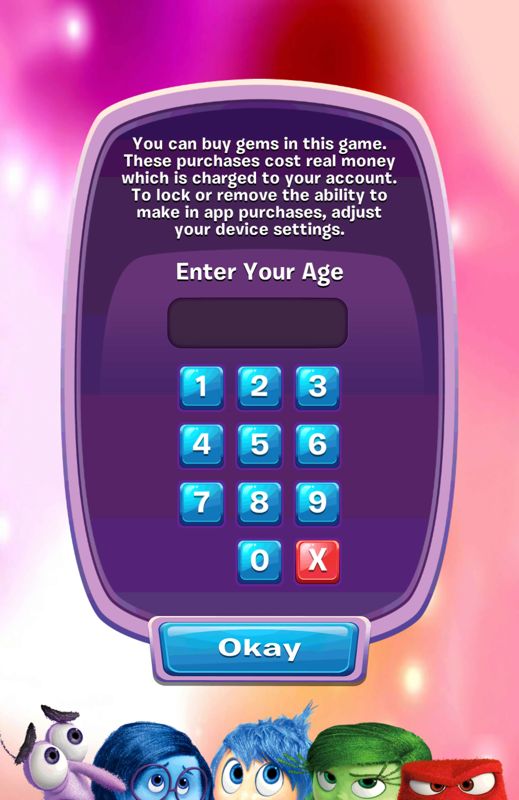 Inside Out: Thought Bubbles (Android) screenshot: As with most Disney Mobile games there is an age checker that disables in-app purchases for children.
