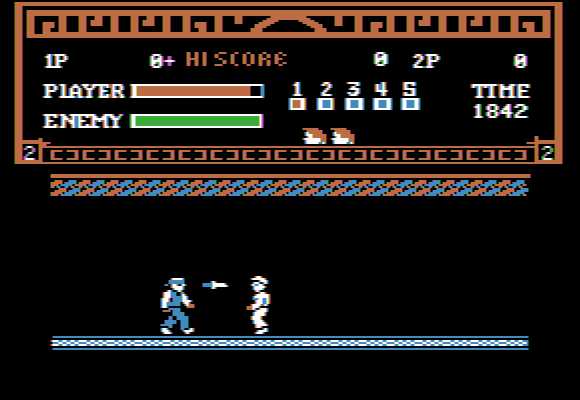 Kung-Fu Master (Apple II) screenshot: Incoming dagger!