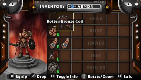 Untold Legends: The Warrior's Code (PSP) screenshot: Inventory - armor screen
