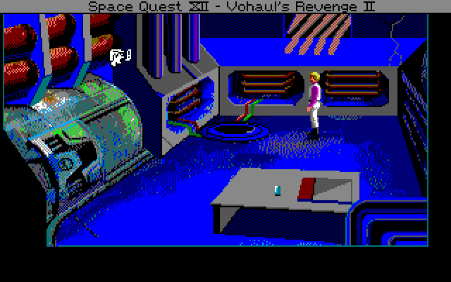 Space Quest IV: Roger Wilco and the Time Rippers (PC-98) screenshot: Exploring a room. Talking to the pipes won't help, Roger