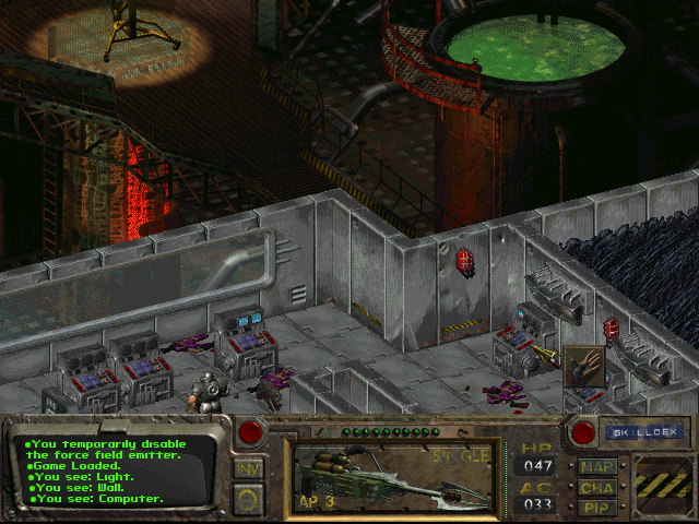 Fallout (DOS) screenshot: You know you are nearing a game's end when the environments get all high-tech and creepy