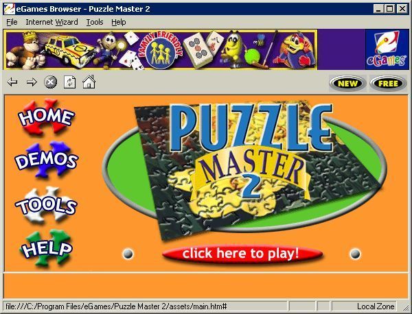 Puzzle Master 2 (Windows) screenshot: The install process puts the eGames game browser onto the player's machine. from here the player can both launch the game and access its help file