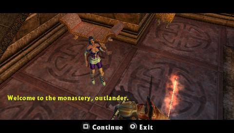 Untold Legends: The Warrior's Code (PSP) screenshot: Dialog with one of quest NPC