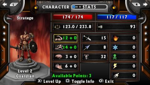 Untold Legends: The Warrior's Code (PSP) screenshot: Character stats screen