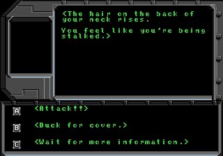 Shadowrun (Genesis) screenshot: Random events offer different choices, all which could be the "right one" to give you the advantage.